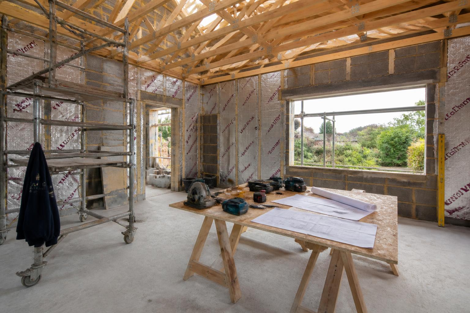 Residential extension mid-build with timber roof trusses, insulated blockwork and site tools