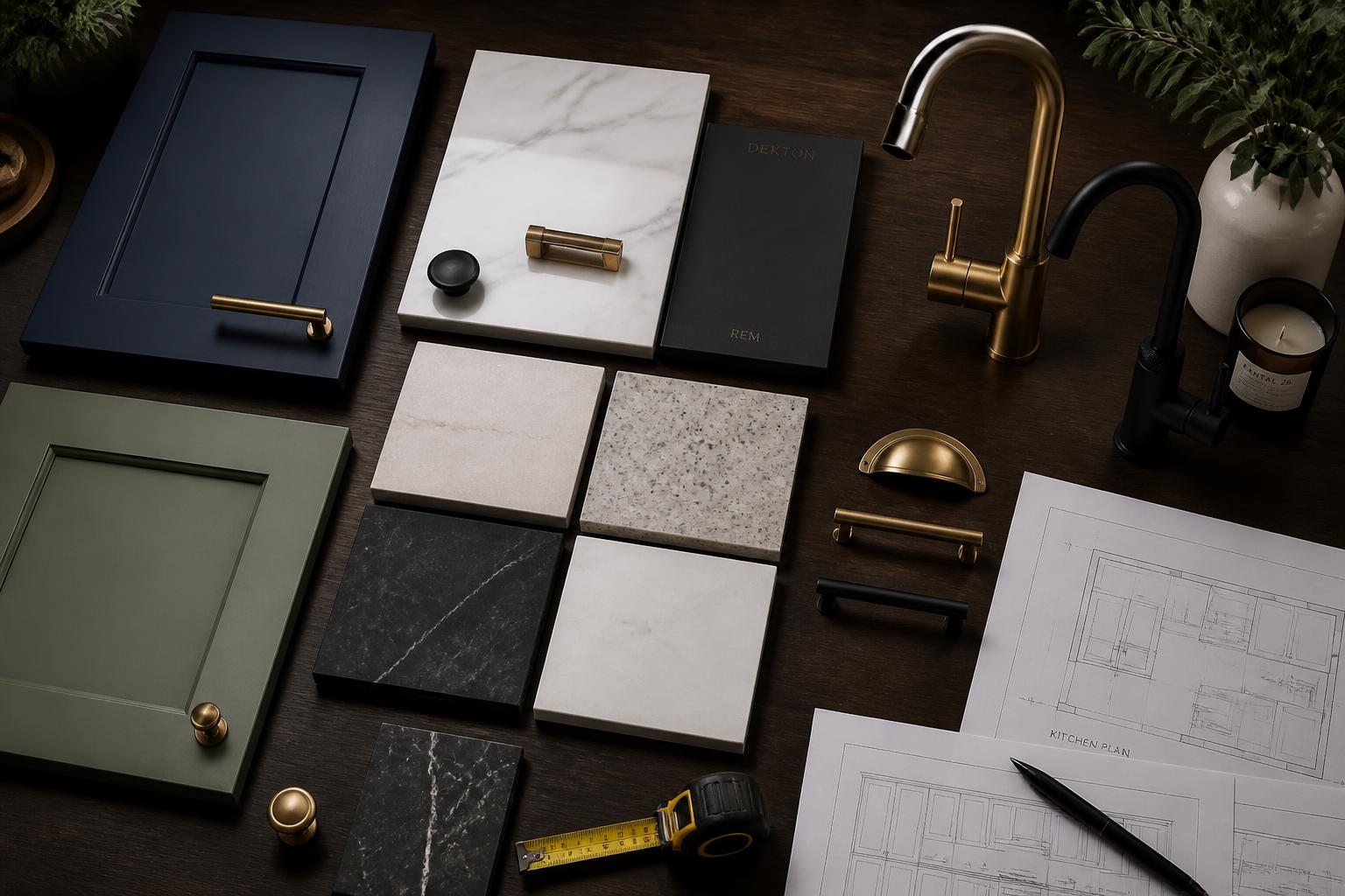Kitchen design samples — cabinet doors, worktop swatches, handles and taps laid out with a kitchen plan